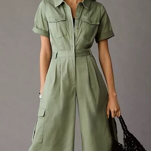 Anthropologie Olive Cropped Wide Leg Utility  Jumpsuit, Size 14